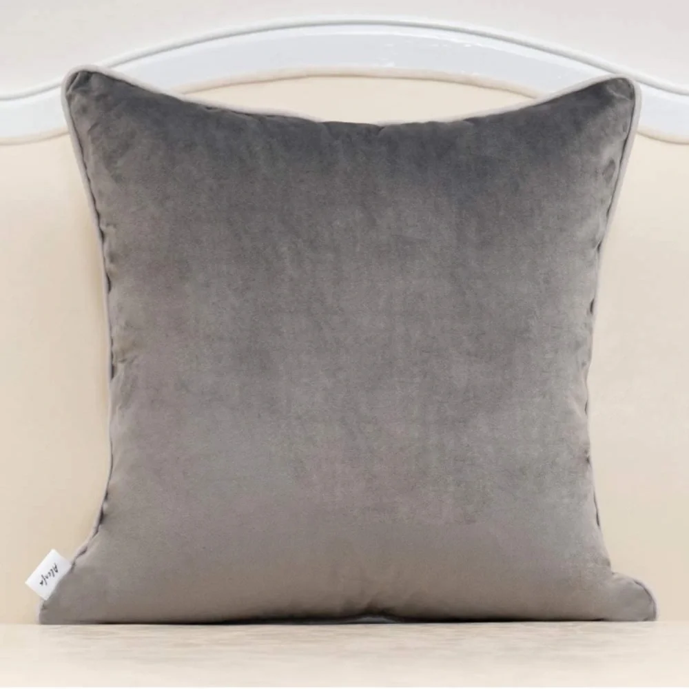 Luxury Home | Elegant Grey Soft Velvet Faux Leather Applique Throw Pillow Cover